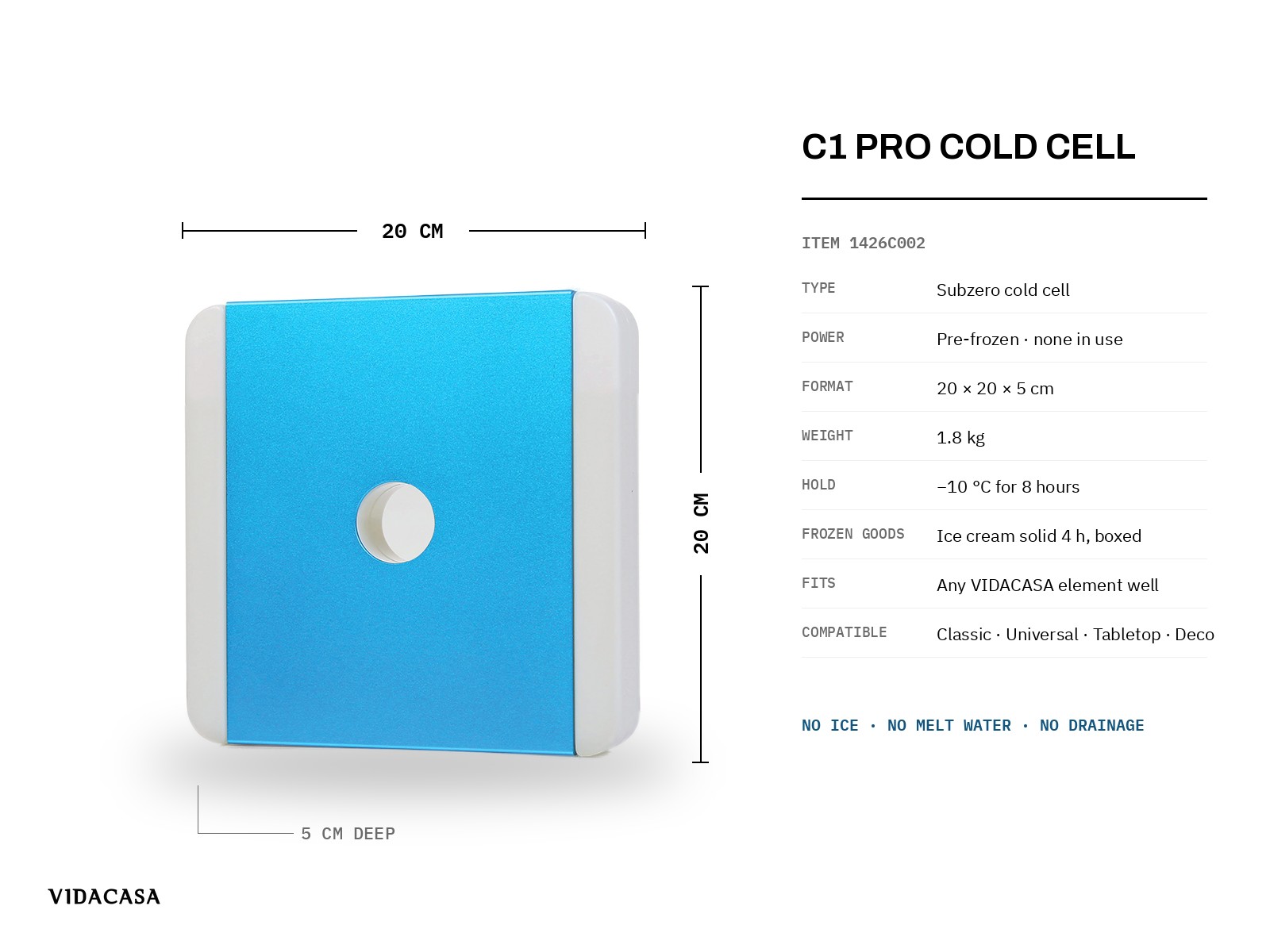 C1 Pro subzero cold cell with dimensions: 20 by 20 by 5 centimeters, 1.8 kilograms