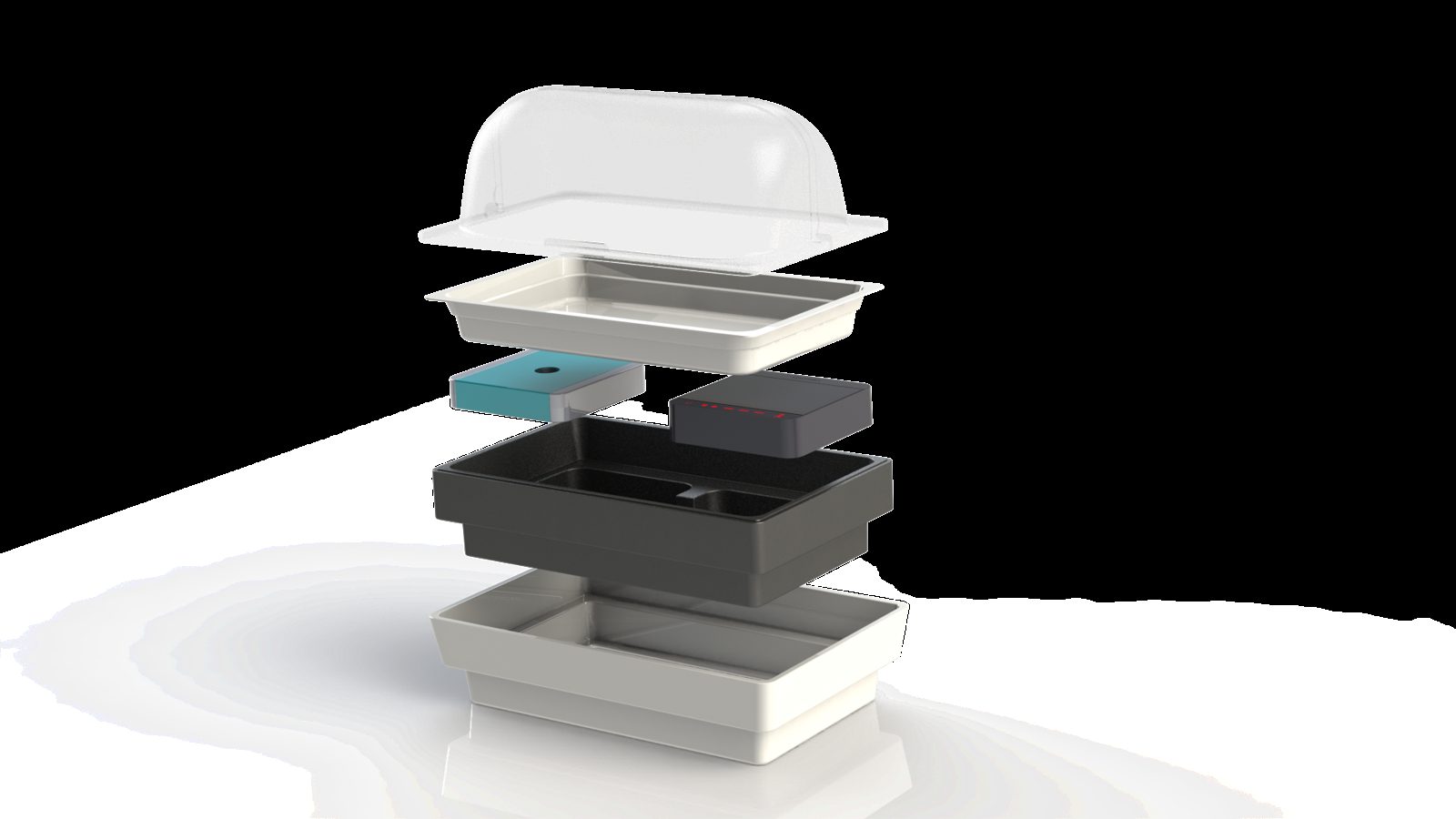 Exploded view of the GN 1/1 set: lid, plate, C1 cold cell, H1X hot cell, tray and frame